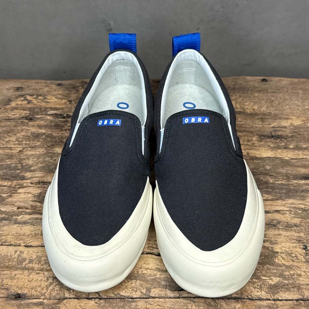 OBRA 240 Canvas Slip-On Wrap Toe Sneakers Black White Blue Men's 10